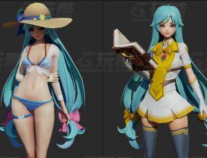 玩酷CG网—长发制服泳装萝莉Blender模型