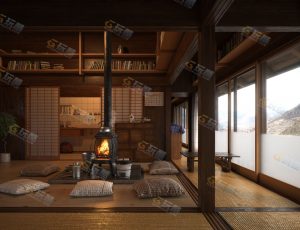 日式传统冬季火炉客厅Blender模型