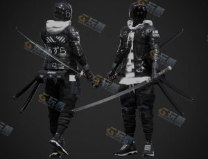 Blender素材—赛博朋克黑衣剑客CG模型
