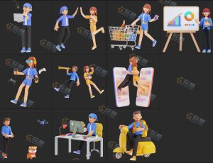 可爱卡通主题男女人物道具Blender资产库