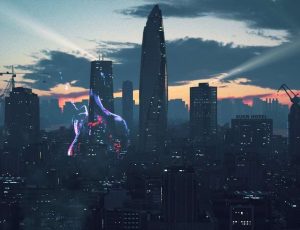 C4D工程源文件—赛博朋克CBD建筑夜晚场景