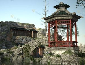 Blender工程源文件—老旧河边亭院