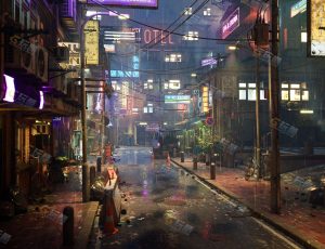 UE5素材—下雨天霓虹灯街道