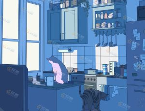 2只猫的卡通厨房