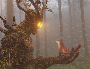 森林守护者和狐狸场景