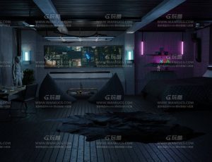 夜晚赛博朋克风格卧室—布兰德Blend项目源文件