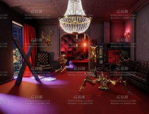 红色灯氛围古典客厅—Blend项目源文件