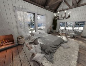 冬季温暖温馨木屋卧室—Blend项目源文件