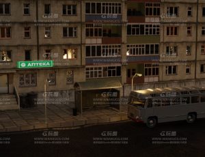 孤寂的公交站亭场景—Blend项目源文件