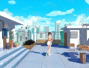 校园楼顶打扫卫生的小女孩Blend项目源文件