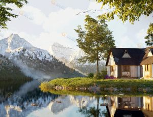 雪山湖泊小屋Blend项目源文件