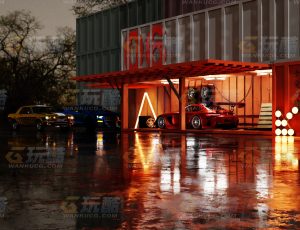 黄红色灯光雨天氛围停车场Blend项目源文件