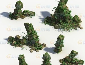长满绿叶的废墟石柱Blend资产库