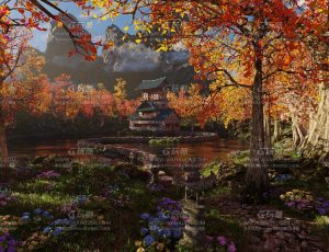 唯美国风秋天古建筑湖畔场景Blend项目源文件