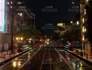 夜晚下雨天城市街道Blend项目源文件