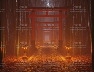 可改变天气夜晚的鸟居树林场景Blend项目源文件