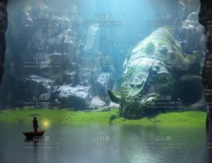 深渊峡谷河流中的神像场景Blend项目源文件