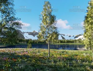 清新美丽雪山湖面树林草地Blend项目源文件