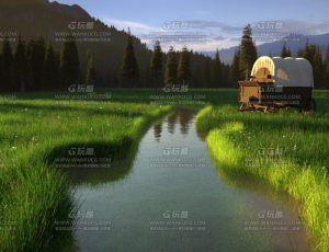 清新绿萌唯美松林牧场草原小河Blend项目源文件