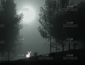 夜晚寂静神鹿迷雾树林Blend项目源文件