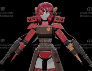 卡通红色女机器人Blend模型