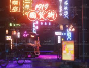 夜晚霓虹灯小街道渲染场景Blend项目源文件