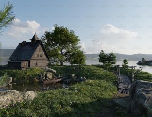 海上小岛草地小木屋Blend项目源文件