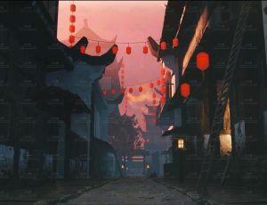 红色氛围中国古街道Blend项目源文件