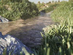 小溪岸边长满青草的山丘Blend项目源文件