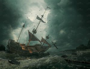 海狂风暴雨海洋中的海盗船场景Blend工程源文件