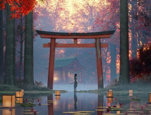 唯美意境枫叶林鸟居湖面场景Blend工程源文件