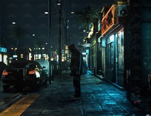 赛博朋克神秘男子与霓虹灯闪烁的夜晚Blend工程源文件