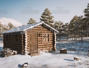 冰雪松树林木屋场景Blend工程源文件