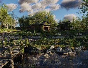 河边树林废弃棚屋场景Blend工程源文件