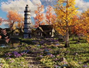 秋天木屋石塔草地花园场景Blend工程源文件