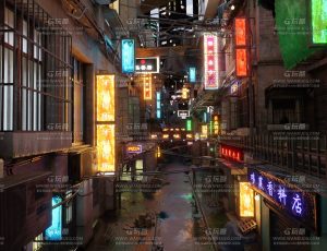 香港夜晚赛博朋克街道场景Blend工程源文件