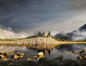 大气废弃城堡建筑湖畔场景Blend工程源文件