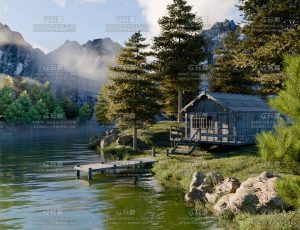雪山树林木屋湖畔自然场景Blend工程源文件
