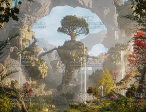 魔幻悬浮峡谷树林场景Blend工程源文件