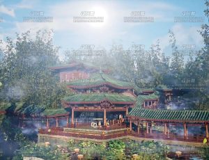 UE5素材—国风河流竹林走廊