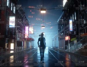 赛博朋克夜晚街道战士场景C4D工程源文件