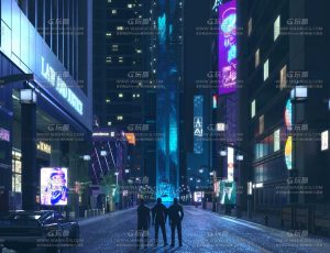 夜晚霓虹灯风格赛博城市街道场景C4D工程源文件