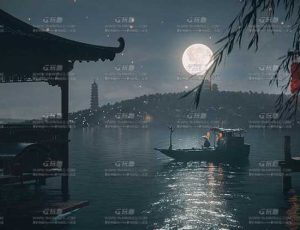 古代夜晚江边场景C4D工程源文件
