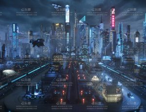 科技未来赛博朋克战争都市城市场景C4D工程源文件