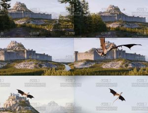 大型中世纪山顶城堡飞龙动画场景Blend工程源文件
