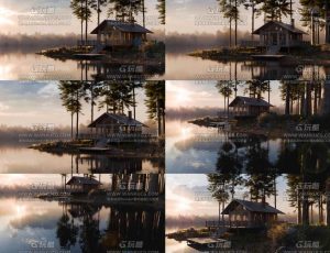 唯美湖畔郊区树林别墅木屋动画场景Blend工程源文件