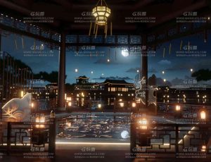 国风唯美意境灯光氛围湖中凉亭场景Blend工程源文件