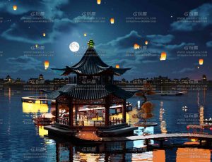 夜晚湖面古城镇场景Blend工程源文件