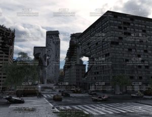 末日风格废墟战争街道损毁的楼房C4D工程源文件