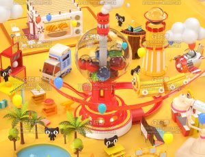 黄色卡通天猫场景C4D工程源文件